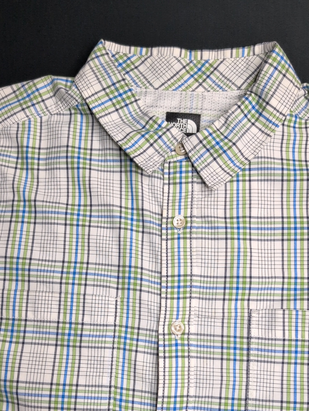 The North Face Men’s White Plaid Button-Down Shirt with Blue & Green Stripes